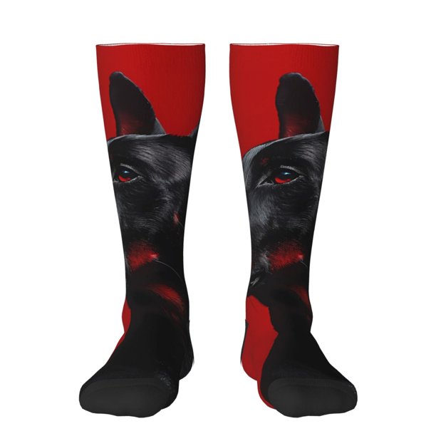 Balery Black Dog Red Background Calcetines novedosos Calcetines deportivos Calcetines hasta la rodilla Calcetines de algodón Calcetines originales y geniales