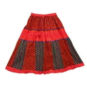 Mogul Women's A- Line Skirt Red Patchwork Cotton Long Skirts