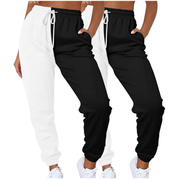 GrRotKP 2PC Casual Pants for Women Elastic Waist Pants Patchwork Color Sweatpants Porosity Comfy Pants with Drawstring Ladies Winter Pants M