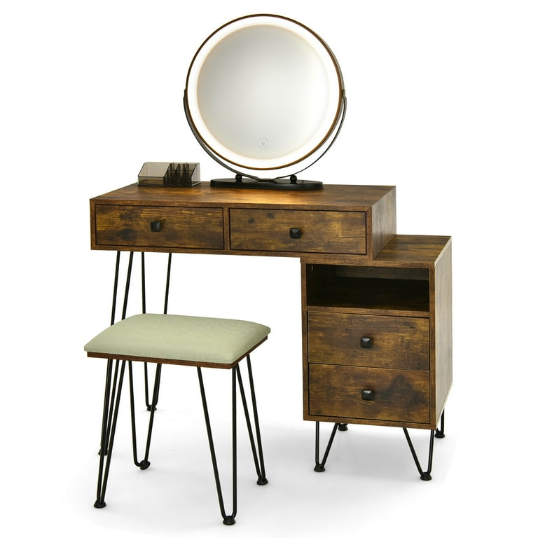 Topbuy Bedroom Makeup Vanity Dressing Table Stool Set with 3 Colors Lighted Mirror Large Storage Cabinet Drawer Brown