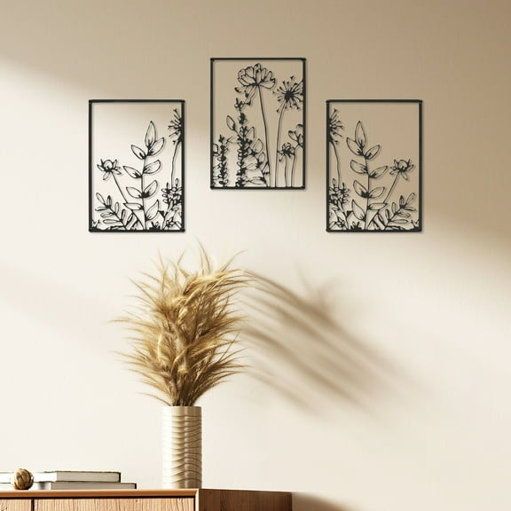 Jokapy 3Pcs Black Metal Wall Art Minimalist Floral Indoor Hanging Wall Decor Flower Line Sculpture