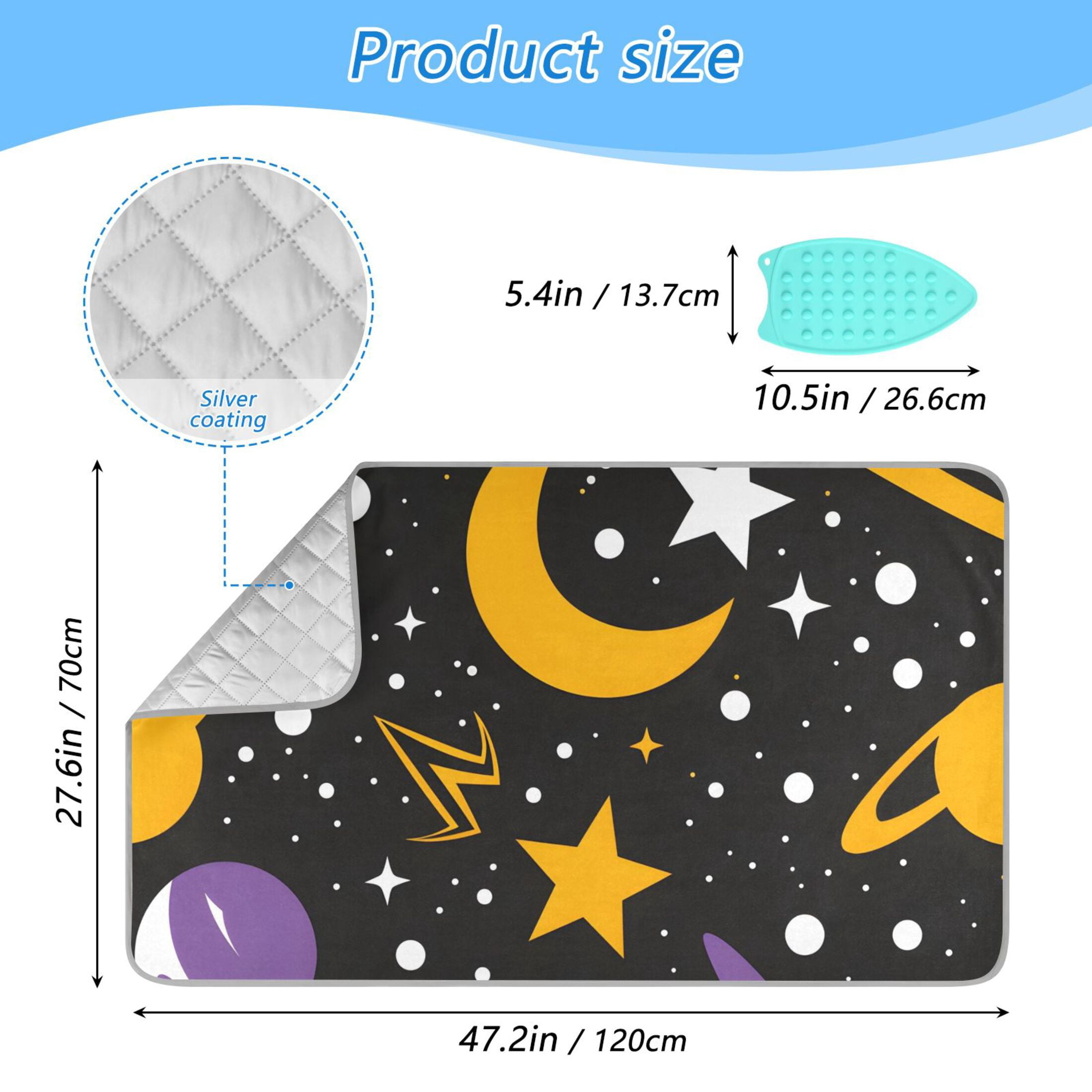 Cartoon Moon Stars Planets Cute Ironing Mat Blanket Portable Travel Ironing Pad Heat Resistant Pad 47.2" x 27.6”