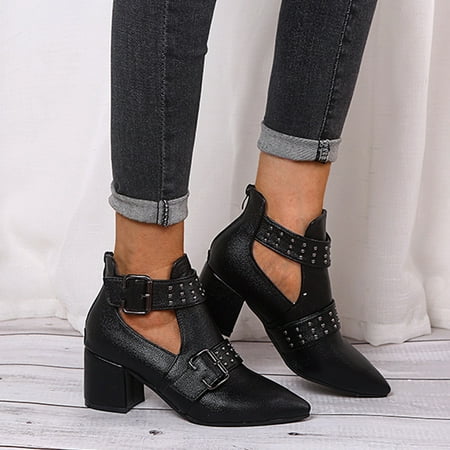 heel block shoes boots booties chunky pointed size36 ankle toe mid ladies winter autumn