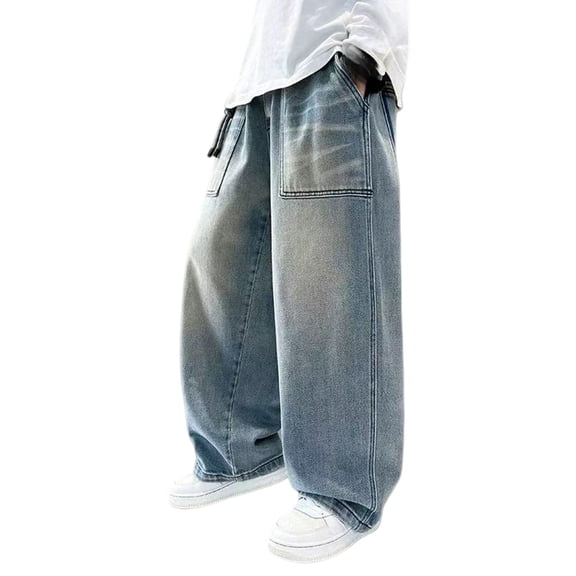 CPNG Boys Baggy Jeans Vintage Wide Leg Straight Streetwear Denim Cargo Pants with Pockets Youth Kids Elastic Waist Oversized Y2k Trousers