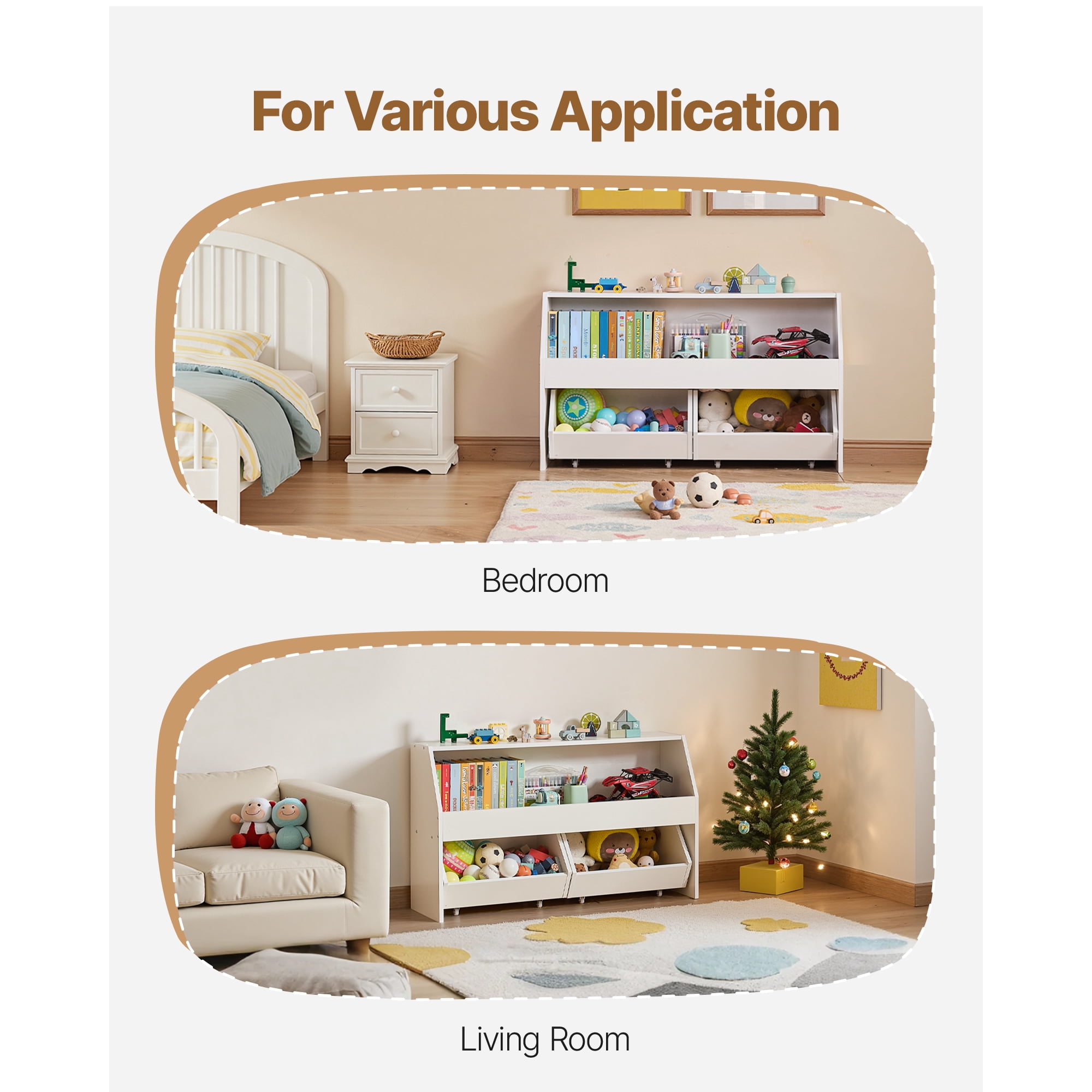KFFKFF Wooden Kids Storage Organizer with Bookshelf, Toy Cabinet Featuring 2 Mobile Drawers, Ideal for Bedroom, Nursery, Living Room, Entryway, or Preschool, White