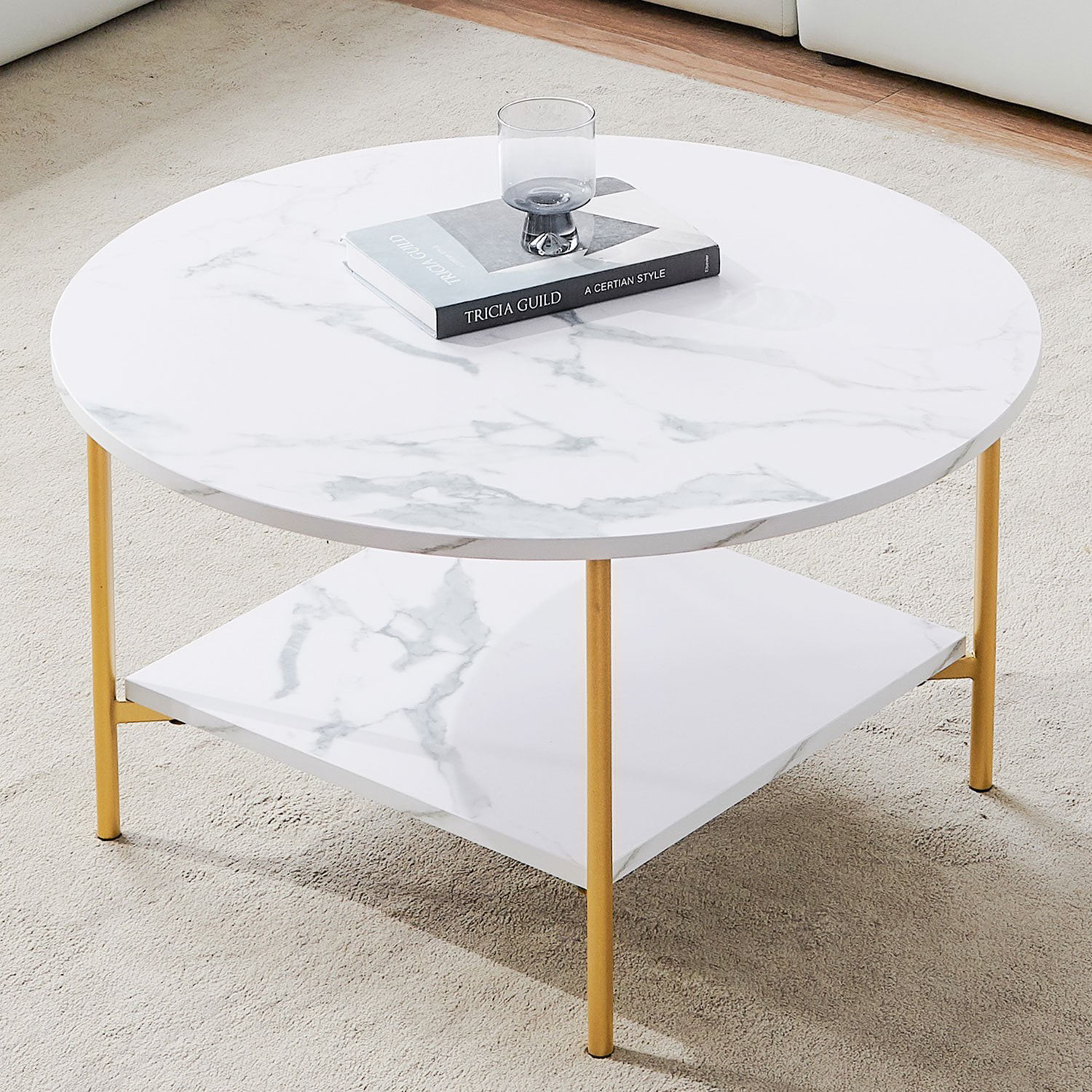 Modern Cocktail Table with Storage Shelf Marble Coffee Tables for Living Room Faux Marble/32 Inch 2 Tier Living Room Center Table Gold Metal Legs