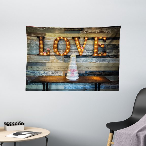Wedding Decorations Tapestry, Wedding Cake wtih the Word Love as Sinage on Wooden Background Print, Wall Hanging for Bedroom Living Room Dorm Decor, 60W X 40L Inches, Multicolor, by Ambesonne