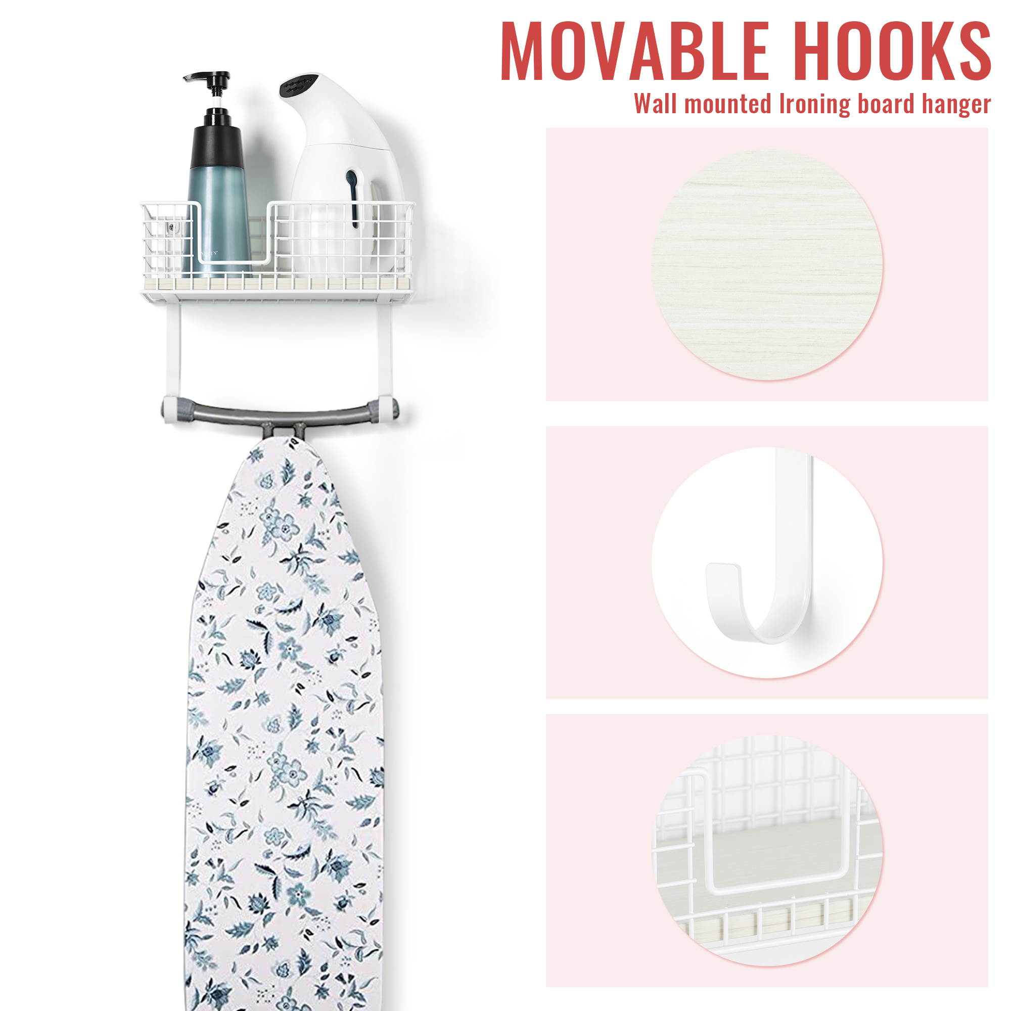Oumilen Wall Mount Ironing Board Hanger for T-Leg with Storage Basket and Removable Hooks, White
