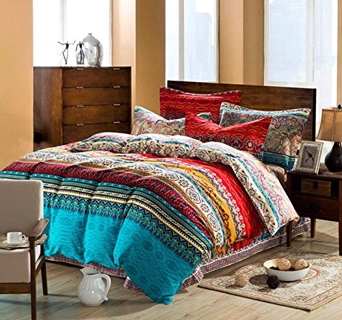 3 Piece Colorful Retro Bohemian Duvet Cover Set Mandala Striped Reversible Boho Queen Comforter Cover Sets,Queen Size