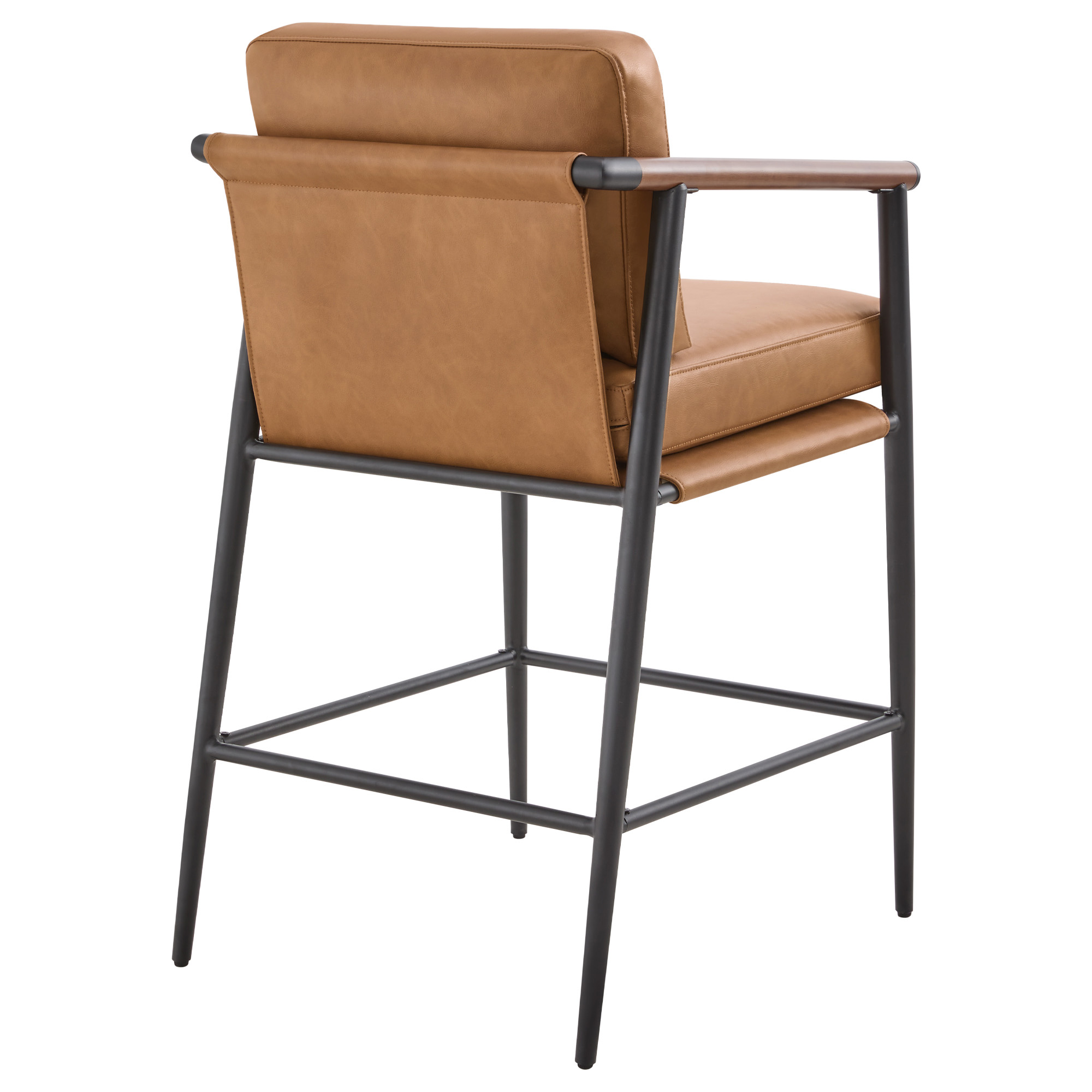 Spruce & Spring Mid-Century Modern Counter Stool Set with Wood Armrests and Cushioned Sling Seat Set of 2, Cognac Faux Leather