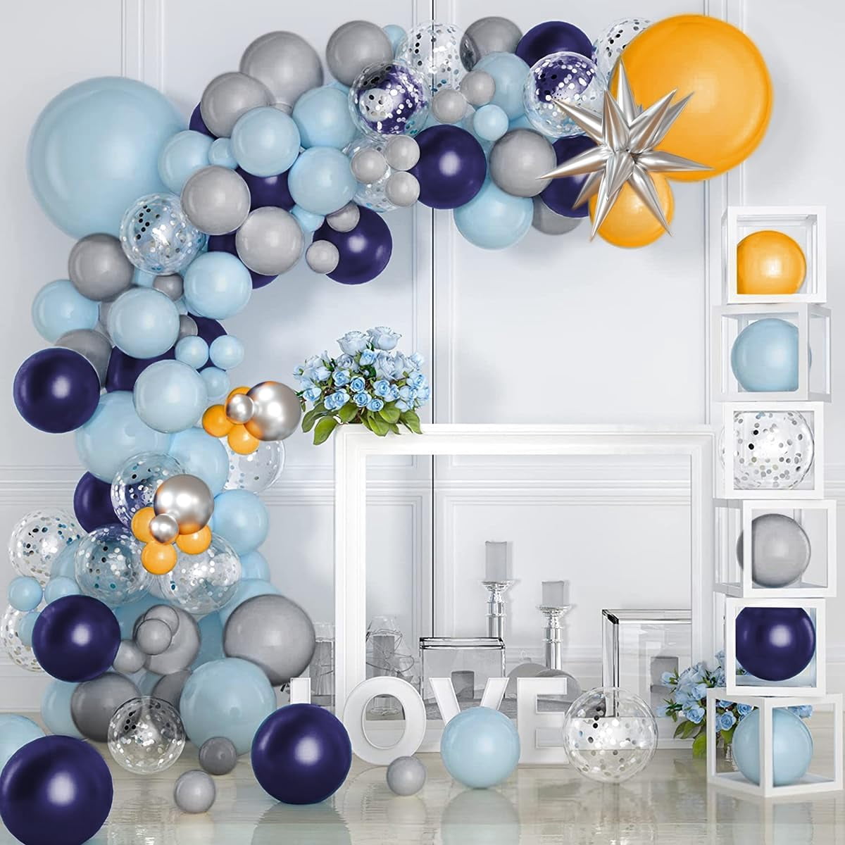 Blue Yellow Gray Balloon Garland Arch Kit, 156Pcs Pastel Navy Blue Dusty Grey Lemon Yellow Metallic Silver Balloons with Exploding Star for Baby Shower Wedding Birthday Lemonade Honeybee Party