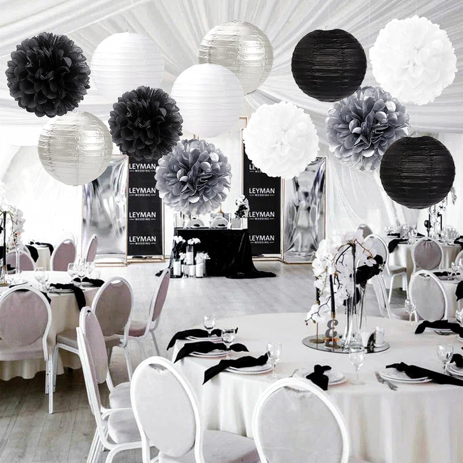Black White Silver Party Decorations Paper Flowers Lanterns 15PCS Tissue Pom Poms Streamers for Birthday Halloween Wedding Baby Shower Bachelorette Hanging Supplies Decor