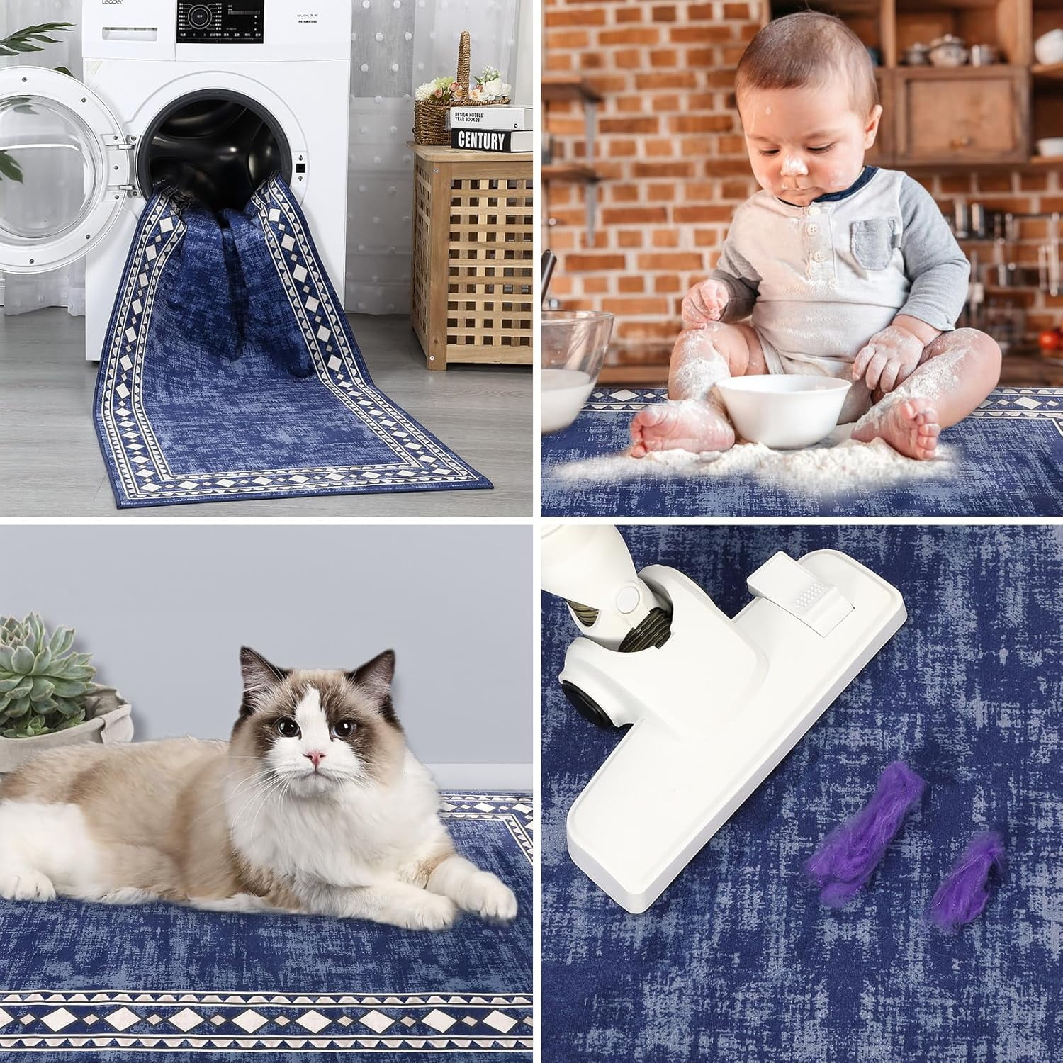 Shininglove Modern Bordered Area Rugs 8x10ft for Living Room, Machine Washable Low Pile Carpet with TPR Non-Slip Backing for Home Office(Navy)