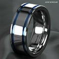 thumbnail image 4 of Tungsten Rings for Men Wedding Bands for Him Womens Wedding Bands for Her 6mm Blue Grooved Lines, 4 of 10