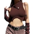 thumbnail image 1 of Sedceaty Women's Summer Knitted Tank Tops Brown Sleeveless High Neck Irregular Ribbed Crop Tops, 1 of 7