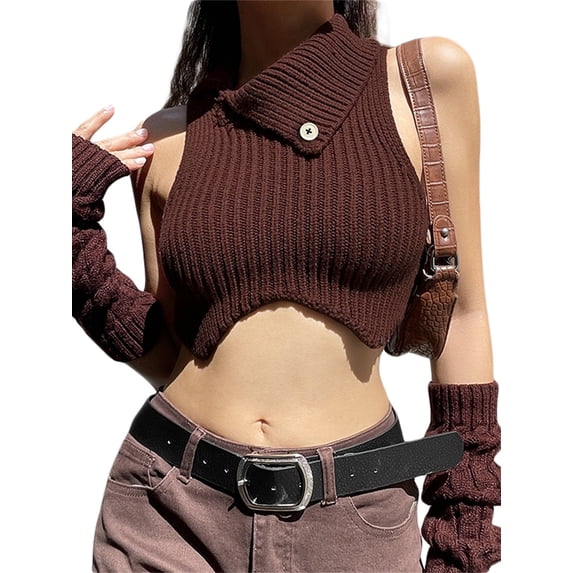Sedceaty Women's Summer Knitted Tank Tops Brown Sleeveless High Neck Irregular Ribbed Crop Tops