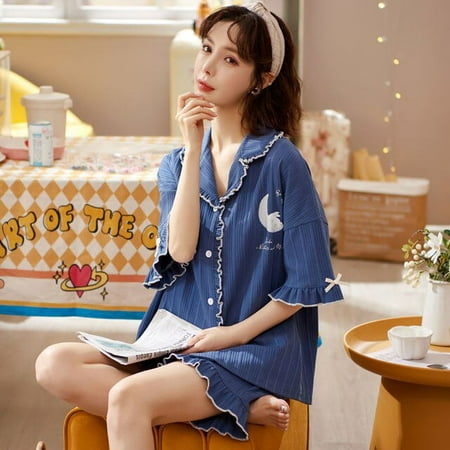 

CoCopeaunt Women Pajama Sets Patchwork Bow Ruffles Simple Turn-down Collar High Quality Sweet Sleepwear Shorts Chic Short Sleeve Button-up