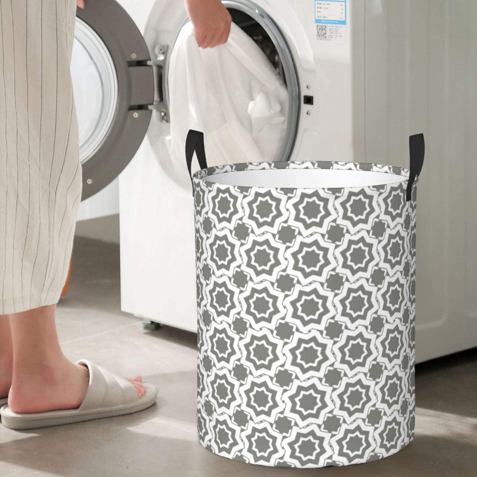 Large Laundry Basket with Handles - Gray Geometric Star Array Kids Baby Dirty Clothes Laundry Hamper for Bedroom Aesthetic