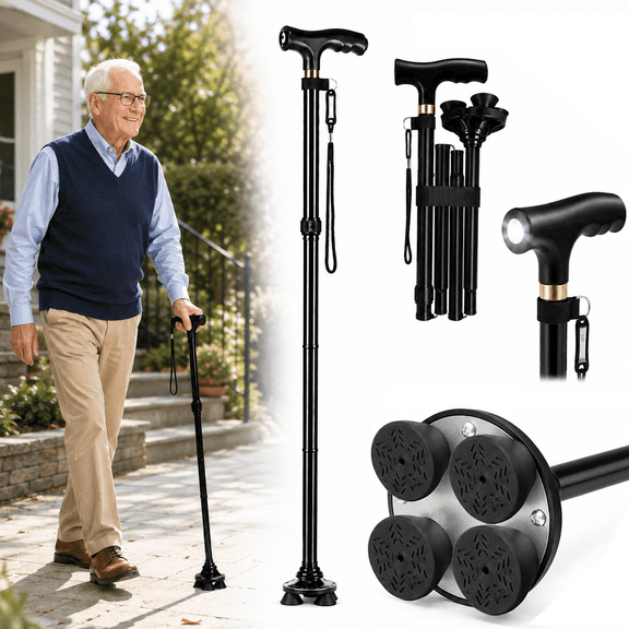 MoonSun Foldable Walking Cane for Seniors, Adjustable Aluminum Walking Cane with Quad Base, LED Light, Wrist Strap, Portable Folding Cane for Men & Women
