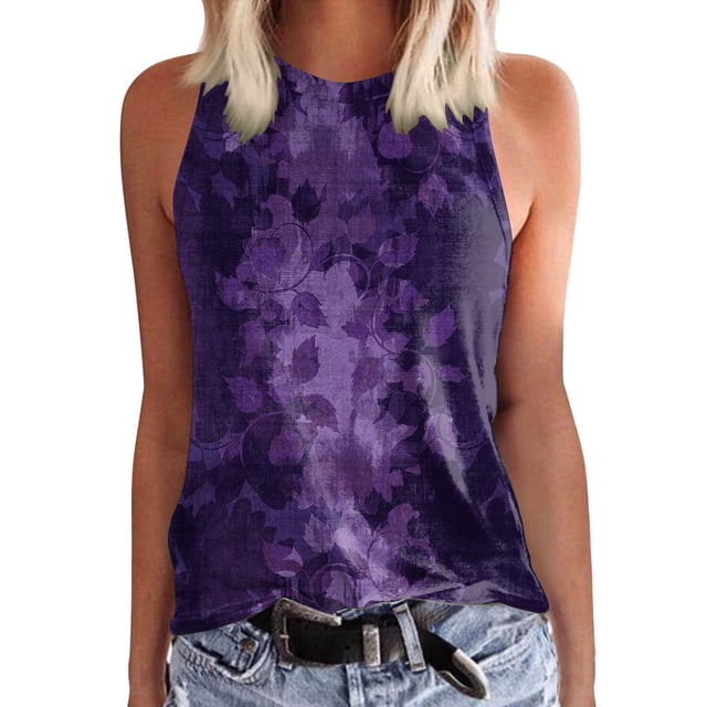 Prolriy - Camisetas de verano para mujer 2024, camisetas sin mangas estampadas, informales, holgadas, con cuello redondo, color morado, talla S