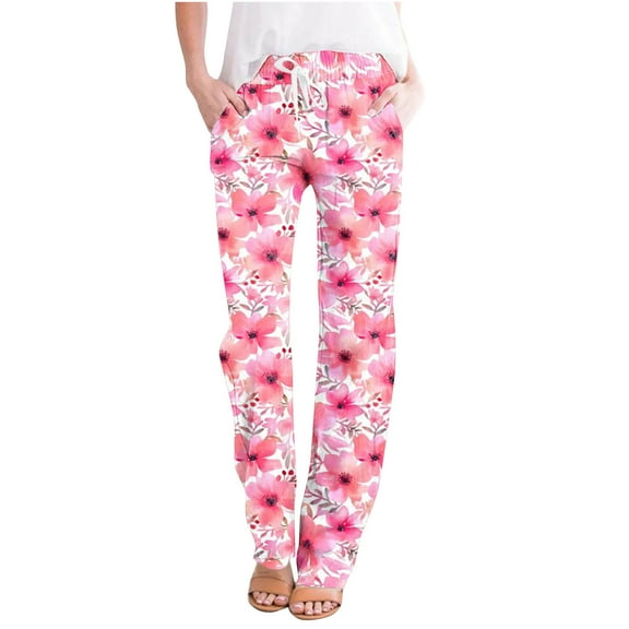 WXLWZYWL Cotton Linen Pants for Women Summer Drawstring Boho Floral Pants Hight Waist Elastic Waisted Casual Loose Floral Beach Baggy Trousers with Pockets