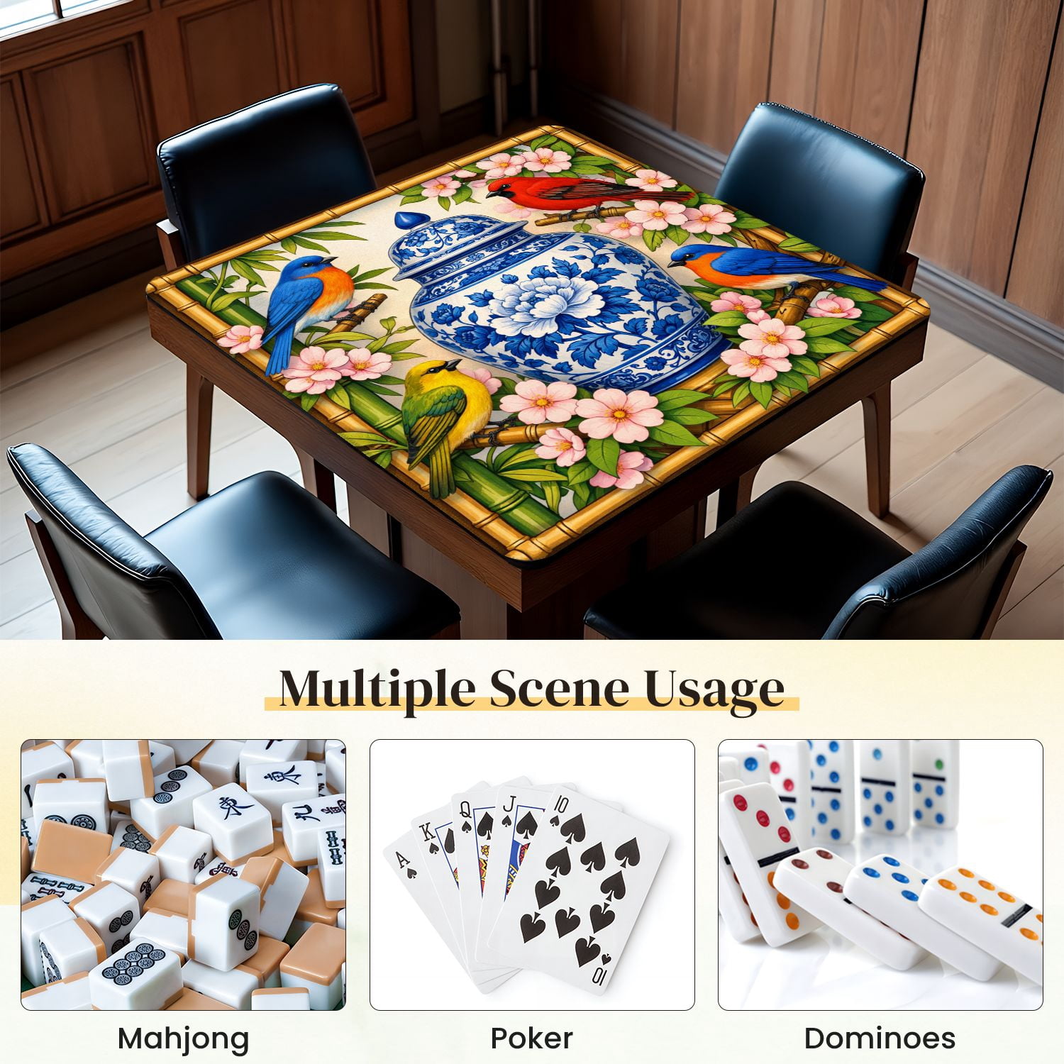 Mahjong Mat 31.5" x 31.5" Blue White Floral Jar Colorful Birds Blossoms Non-Slip Noise Reduction Mahjong Tiles Table Cover for Dominoes Poker Card Board and Tile Games