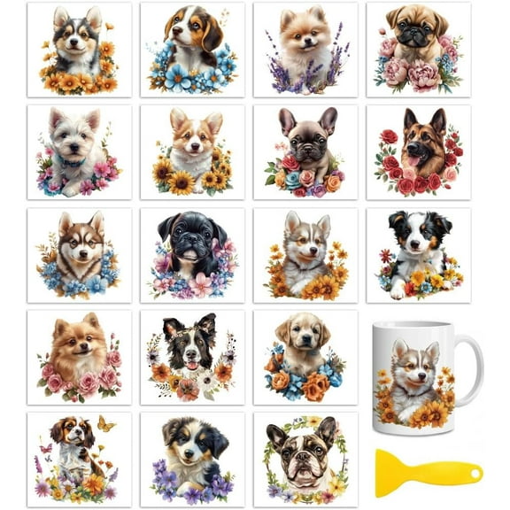 18 Sheets Rub On Transfers for CraftsDog and Flowers UV DTF Cup Wrap Waterproof Cold Transfers Stickers for Wood Glass Home Decor 3.6 * 3.9inch Colorful