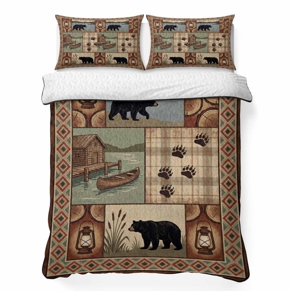 Quilts Full Size Bedding Set, Brown Ethnic Lightweight Quilted Comforter, Black Bear Paw Farmhouse Cabin Canoe Retro Plaid Soft Bedspread Coverlet with Pillow Covers for All Season, 78" x 90"