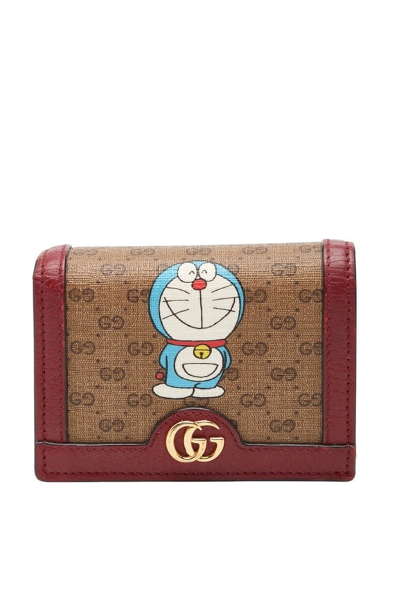 Pre-Owned Gucci Mini GG Supreme Doraemon Bi-fold Wallet 647788 Beige Wine Red Leather Women's...