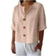 thumbnail image 3 of Camisetas para mujer,Camiseta holgada con cuello en V para mujer, top informal abotonado, manga corta en mezcla de lino, largo regular para uso diario, sopatenor, 3 of 8