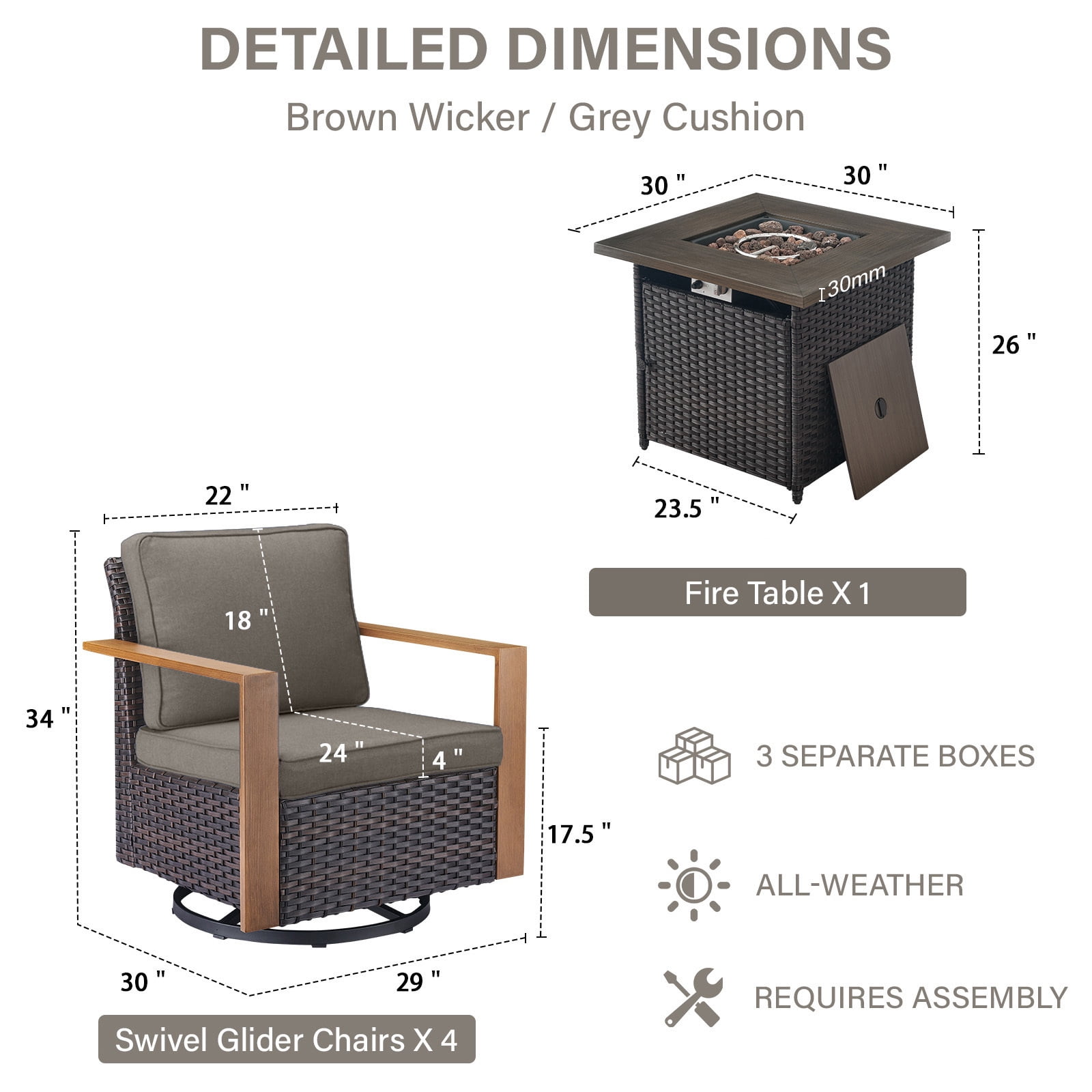 Luxury 5 Pieces Patio Furniture Sets with 50000BTU Propane Fire Pit Table,Outdoor Deep Seating Conversation Set with 4 Swivel Glider Patio Chair for Porch Backyard Balcony