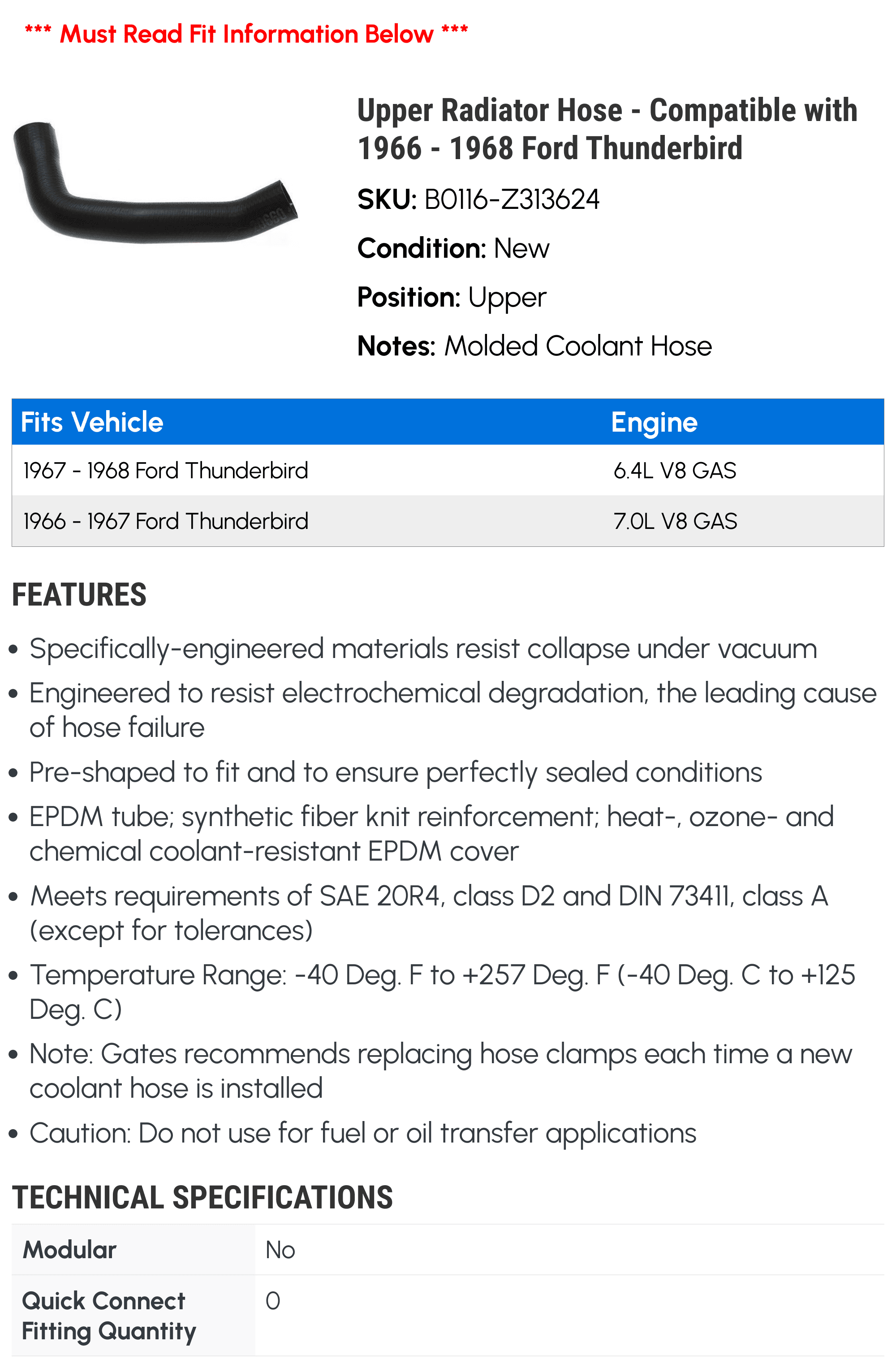 Upper Radiator Hose - Compatible with 1966 - 1968 Ford Thunderbird - Gates