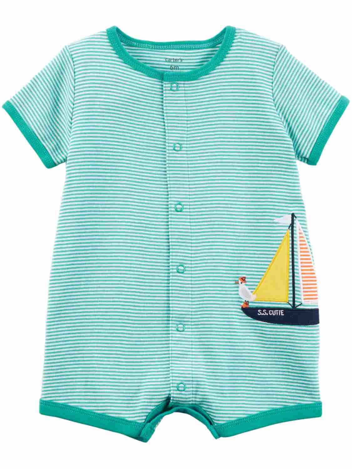 Infant Boys Sailboat Bodysuit Baby Outfit Blue Stripe Boat & Bird 