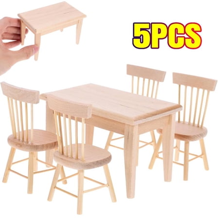 5 PCS Wooden Dollhouse Furniture of Table & Chair, Miniature Dollhouse Accessories of Dining Room Accessory