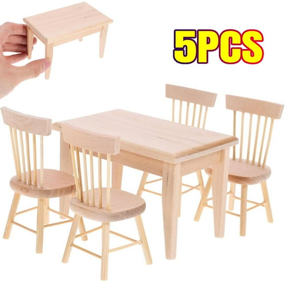 5 PCS Wooden Dollhouse Furniture of Table & Chair, Miniature Dollhouse Accessories of Dining Room Accessory