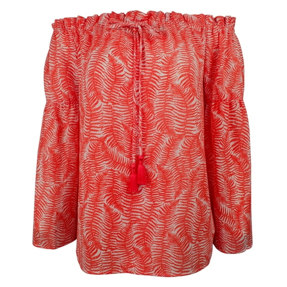 Women's Patterned Off-The-Shoulder Bell Sleeve Tassel Top-S-XS