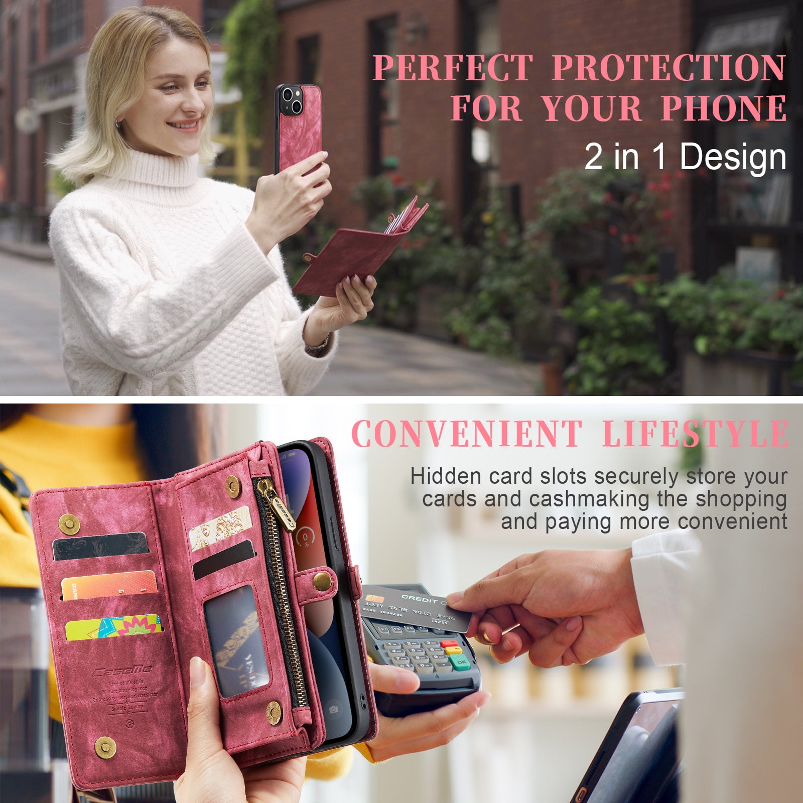 Feishell Durable 2-In-1 Magnetic Detachable Wallet Case for iPhone 15,for Women Men,Premium PU Leather Zipper Pocket Flip Multi Card Slots Purse Phone Case with Wrist Strap,Red