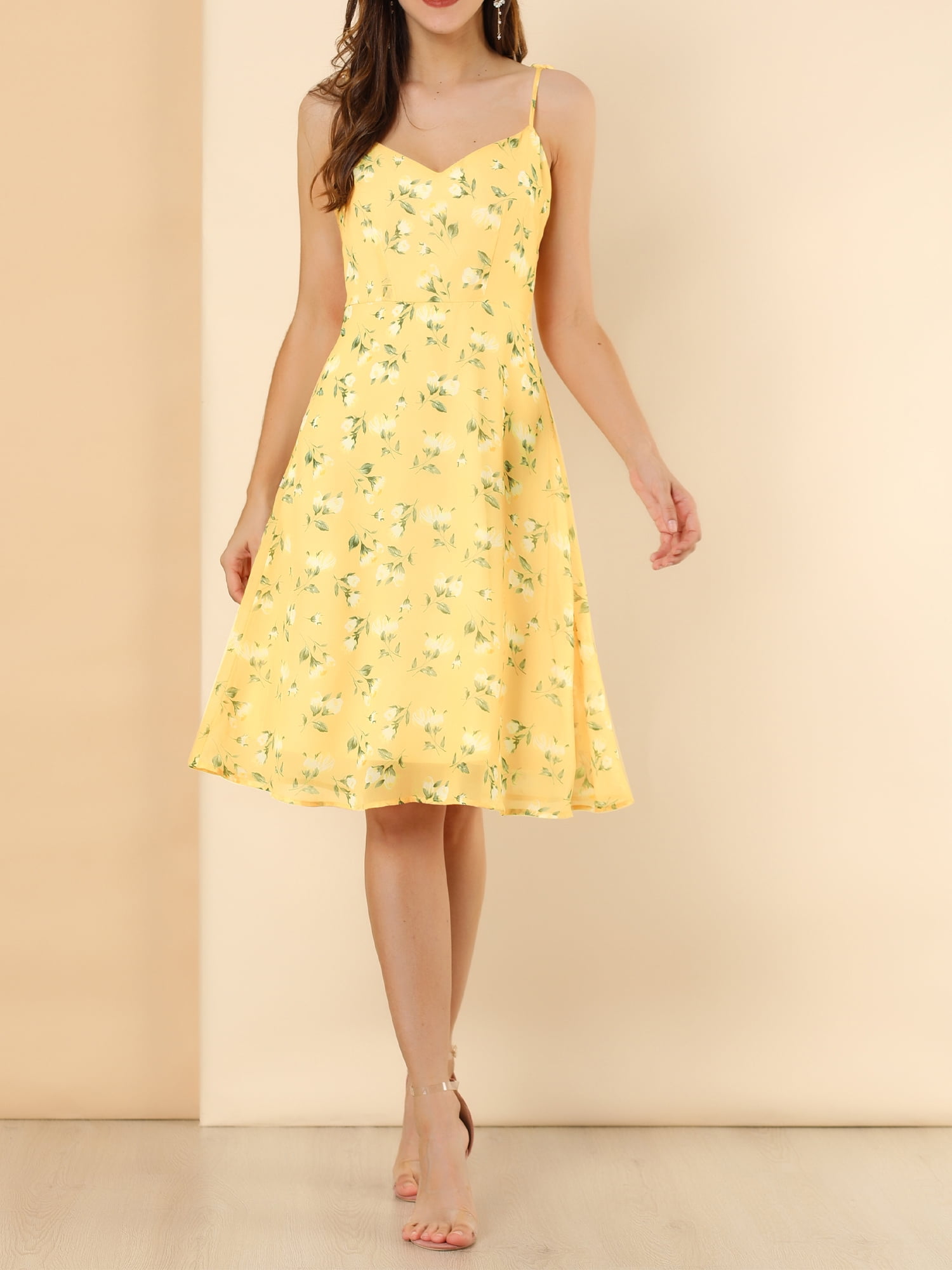 DARING DIVA Spaghetti Strap Summer Floral Print Midi Dress XS Yellow