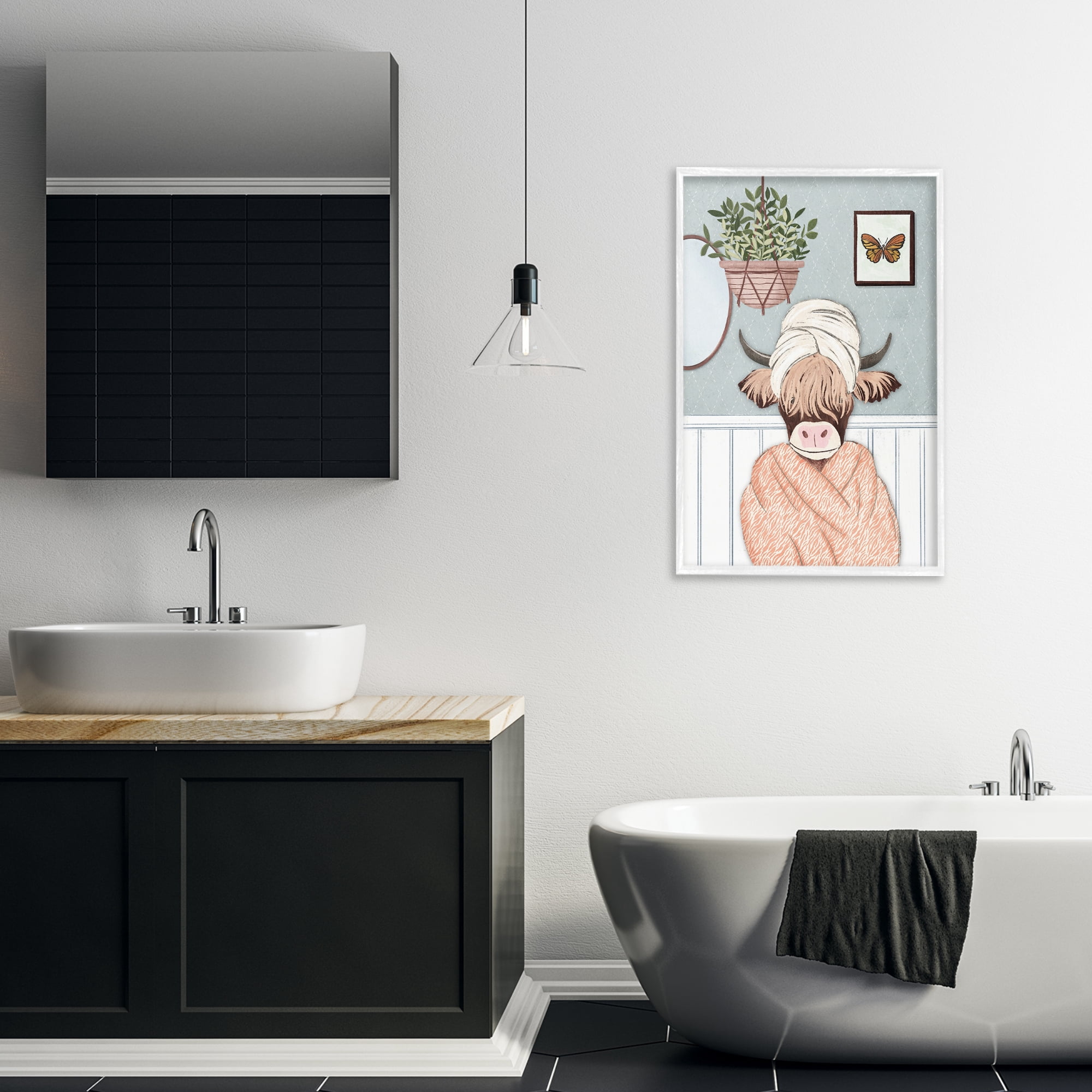 Stupell Industries Highland Cow Bathrobe Typography Painting White Framed Art Print Wall Art, 20 x 30