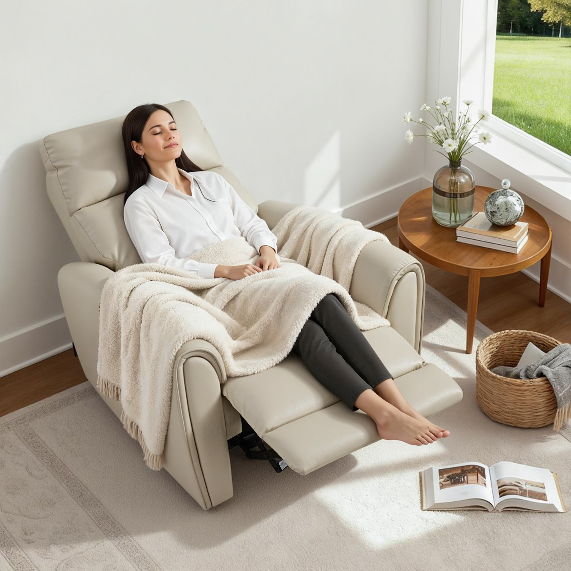 MCombo Zero Wall Hugger Power Recliner Chair for Small Spaces, Small Living Room, FSC Certified, Faux Leather, Beige