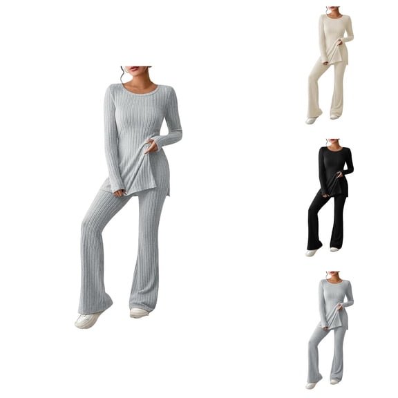 Women's Two Piece Knit Matching Outfits Crew Neck Slit Hem Tee And Pants Tracksuit Sets Lightweight Capri Pants For Women
