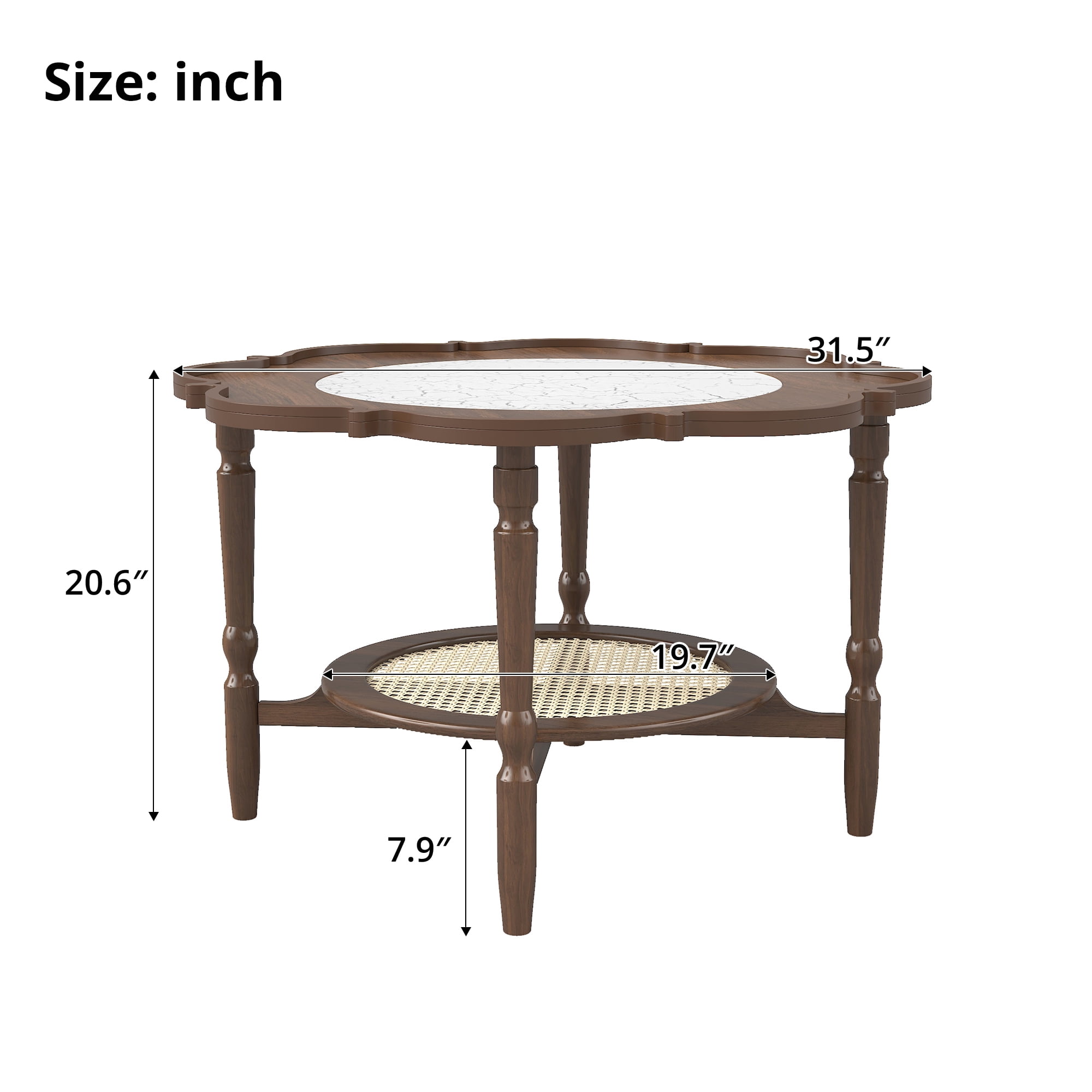 GARITIN Petal Shape Coffee Table 31.5 Inch, 2 Tiered Coffee Table with White Crackle Pattern Glass and Rattan for Living Room, Walnut