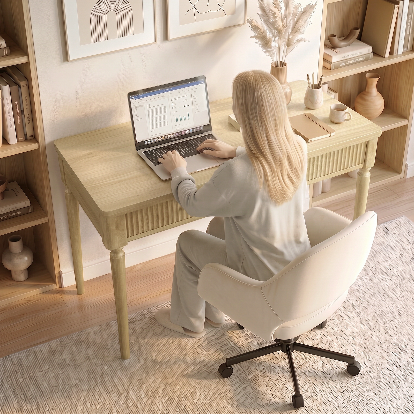 Bestier Wooden Writing Desk with Drawers, Natural Oak photo 6