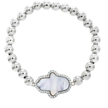 Lesa Michele Cubic Zirconia and Freshwater Pearl Sterling Silver Bezel Hamsa Hand Pave Border Ball Bead Stretch Bracelet in Sterling Silver