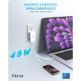 thumbnail image 2 of iHome 45W Ultra Slim Wall Charger, Dual USB-C Ports, GaN Technology, Folding Prongs, Travel Friendly, ETL Certified, White, 2 of 7