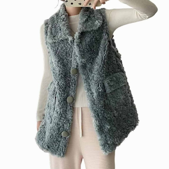 Womens Fleece Sherpa Vest Casual Solid Color Lapel Button Down Sleeveless Jacket Fall Winter Cozy Fuzzy Waistcoat
