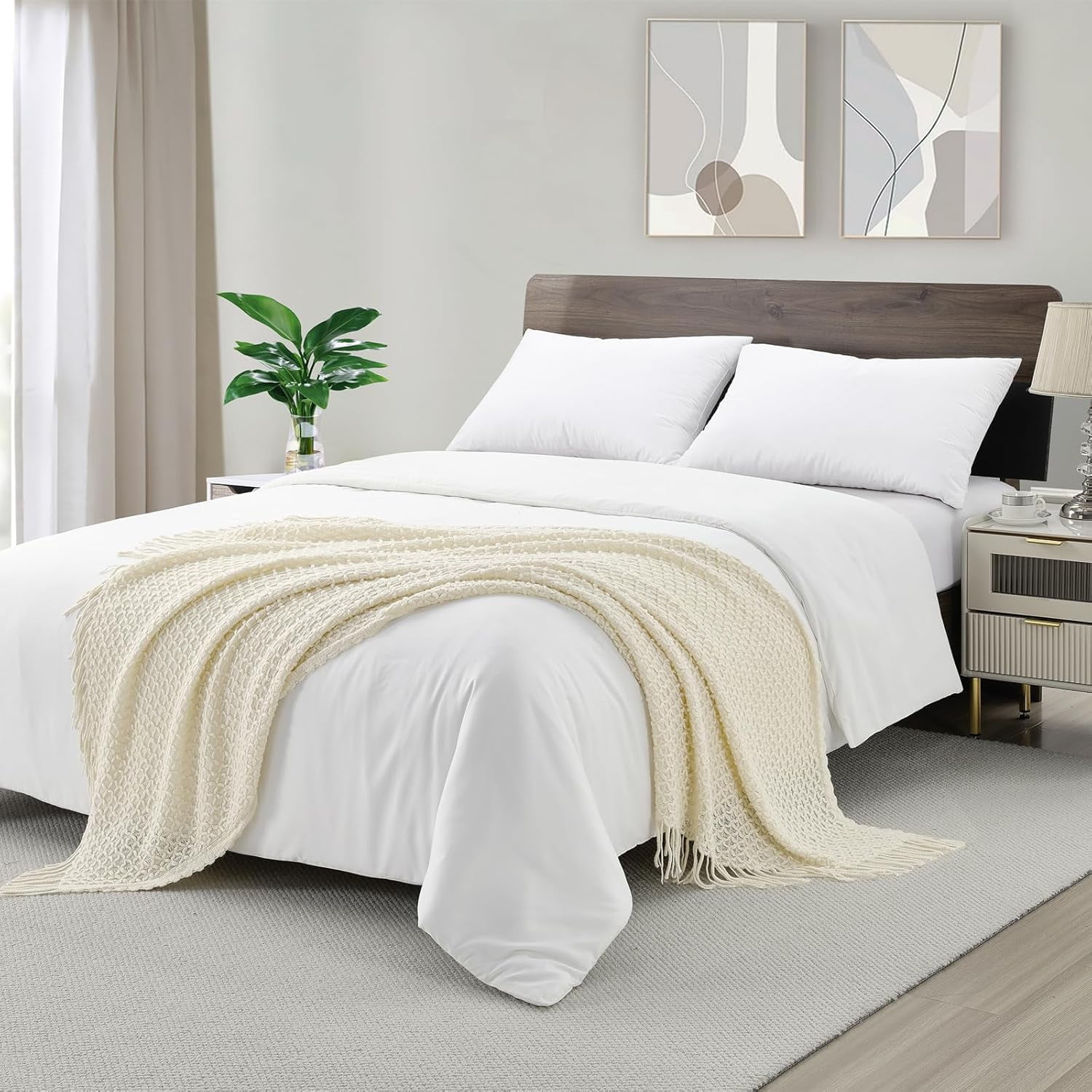 CREVENT Farmhouse Boho Knitted Throw Blanket for Couch Sofa Chair Bed Home Decoration, Soft Warm Cozy Light Weight for Spring Summer Fall (60''X80'' Beige)