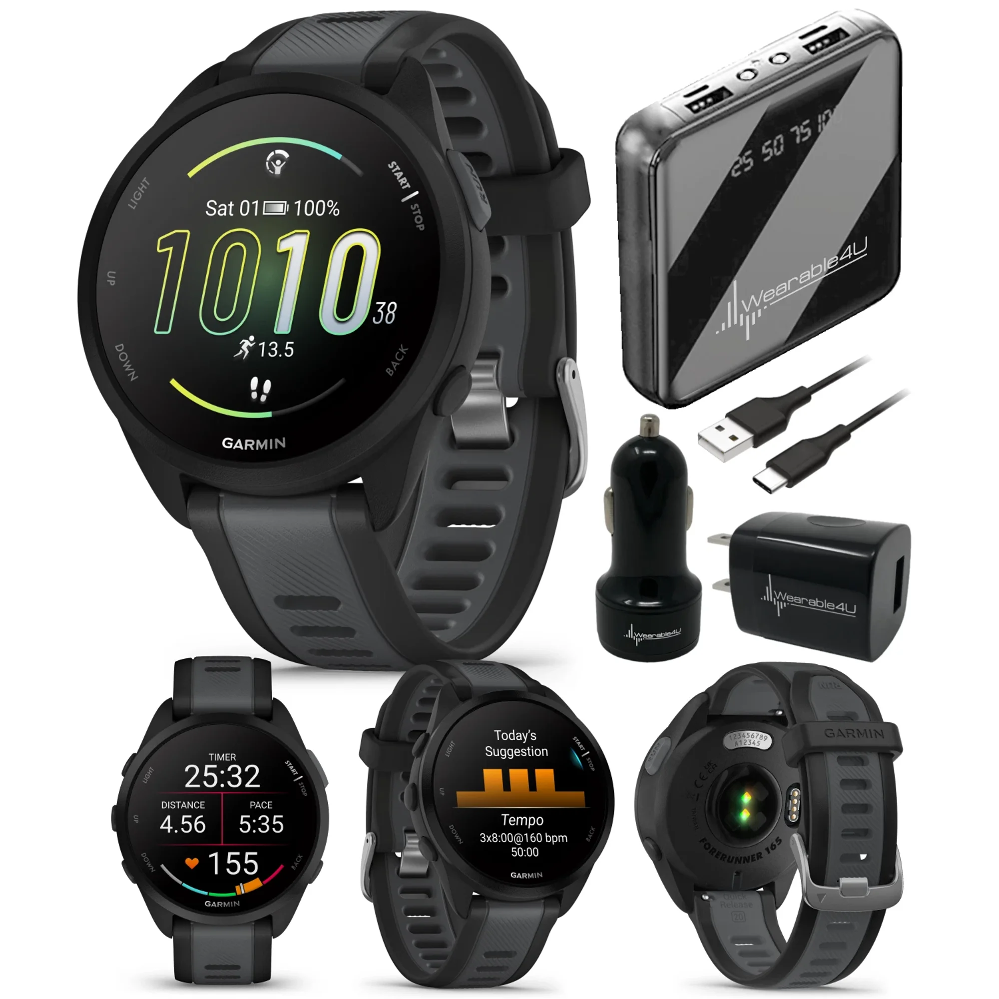Garmin Forerunner 165 Running Smartwatch, Colorful AMOLED Touchscreen, Black/Slate Gray w/ Wearable4U PowerPack, Adapters Bundle