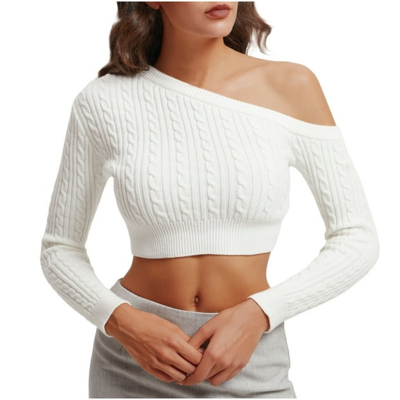 Lenpel Women's Sweaters Long Sleeve off Shoulder Cropped Pullover Knitted Tops Fall Trendy Sweater