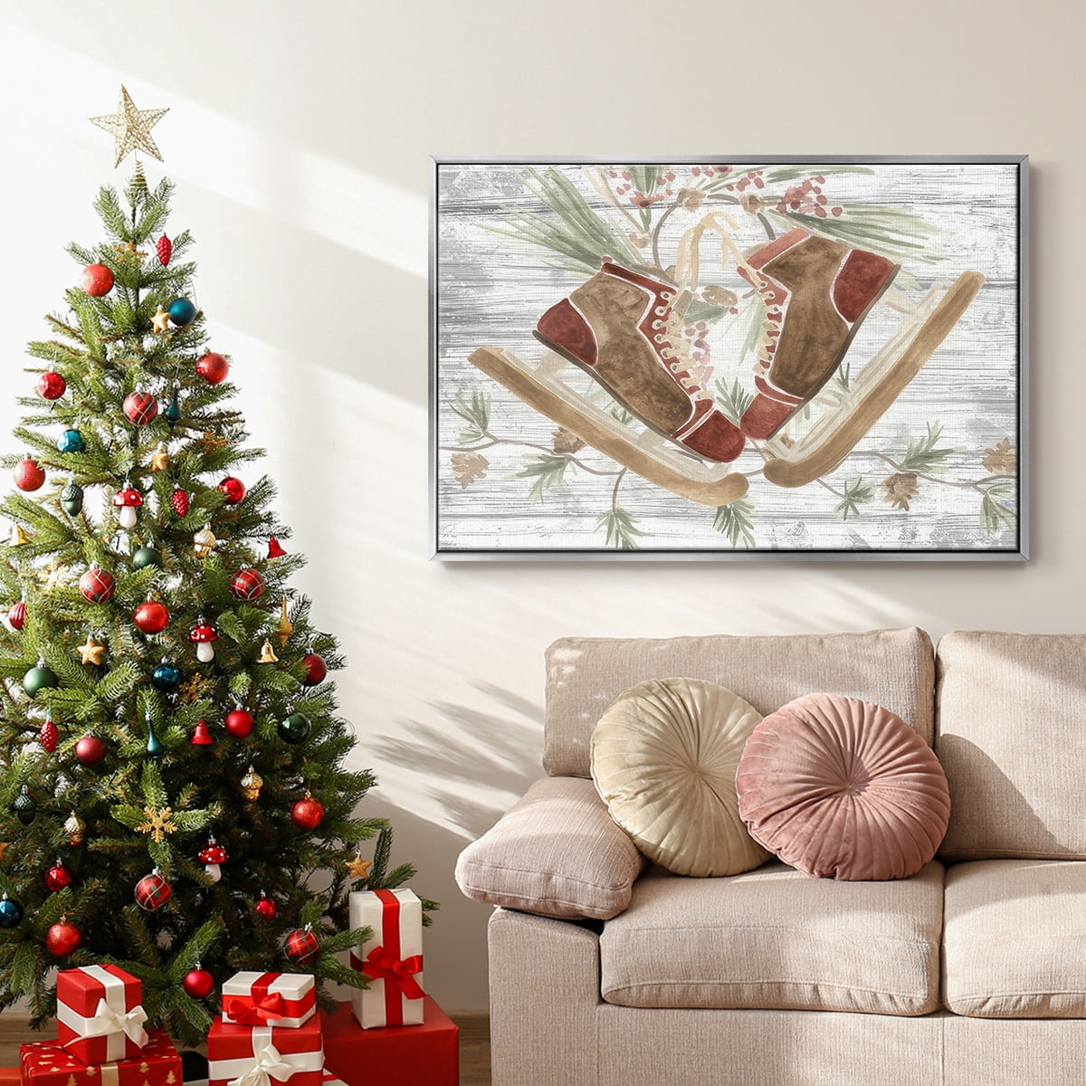 Pinecone Lodge Collection A - Framed Gallery Wrapped Holiday Canvas - 17 x 25 - Silver Frame